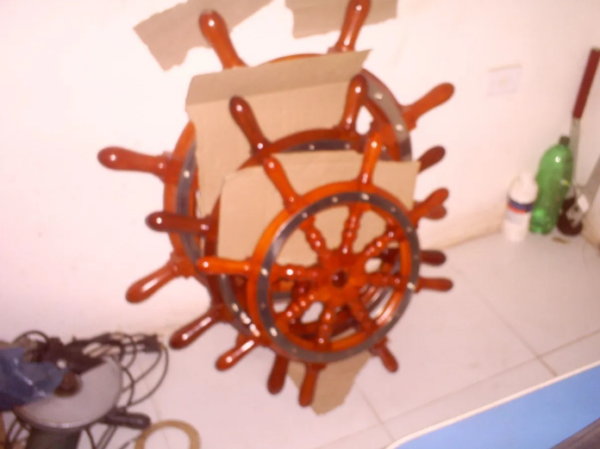 TIMÃO EM MADEIRA NAVAL DECORAÇÃO 55CM C/ AÇO INOX 304