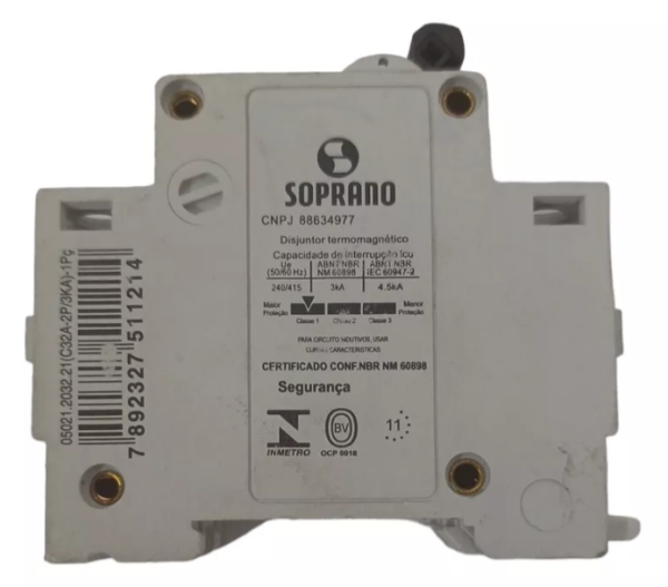 DISJUNTOR TERMOMAGNÉTICO SOPRANO SHB C32 - Imagem 3